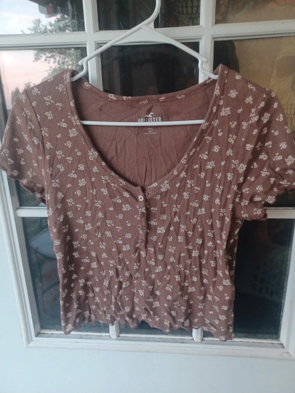 Hollister Brown Floral Ribbed Scoop Henley Crop Top